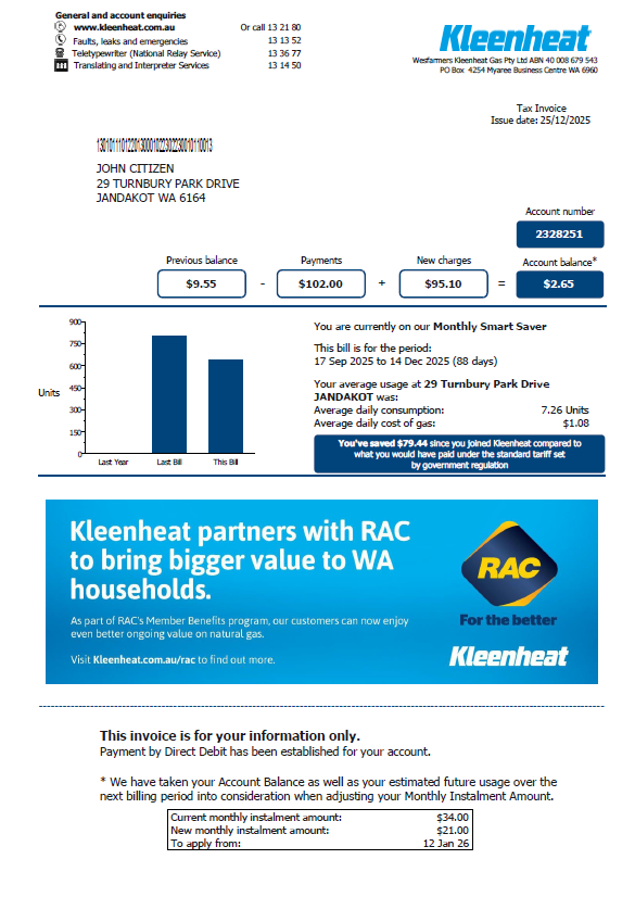 Australia Kleenheat utility bill template in Word and PDF formats